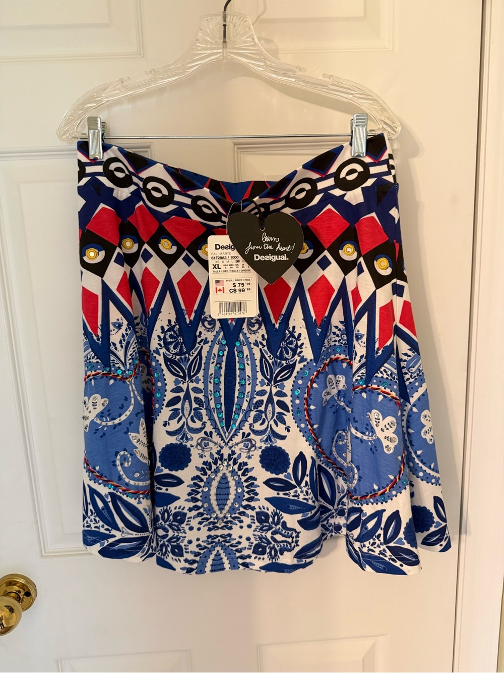 Desigual Blue Red White Printed A-Line Skirt - XL